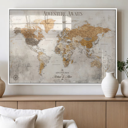 99422096-MGV-FP-36X24-3P_White-Adventure Awaits World Map Wall Art – Neutral Beige Canvas Print, Modern Travel Inspired Wall Decor for Living Room, Bedroom or