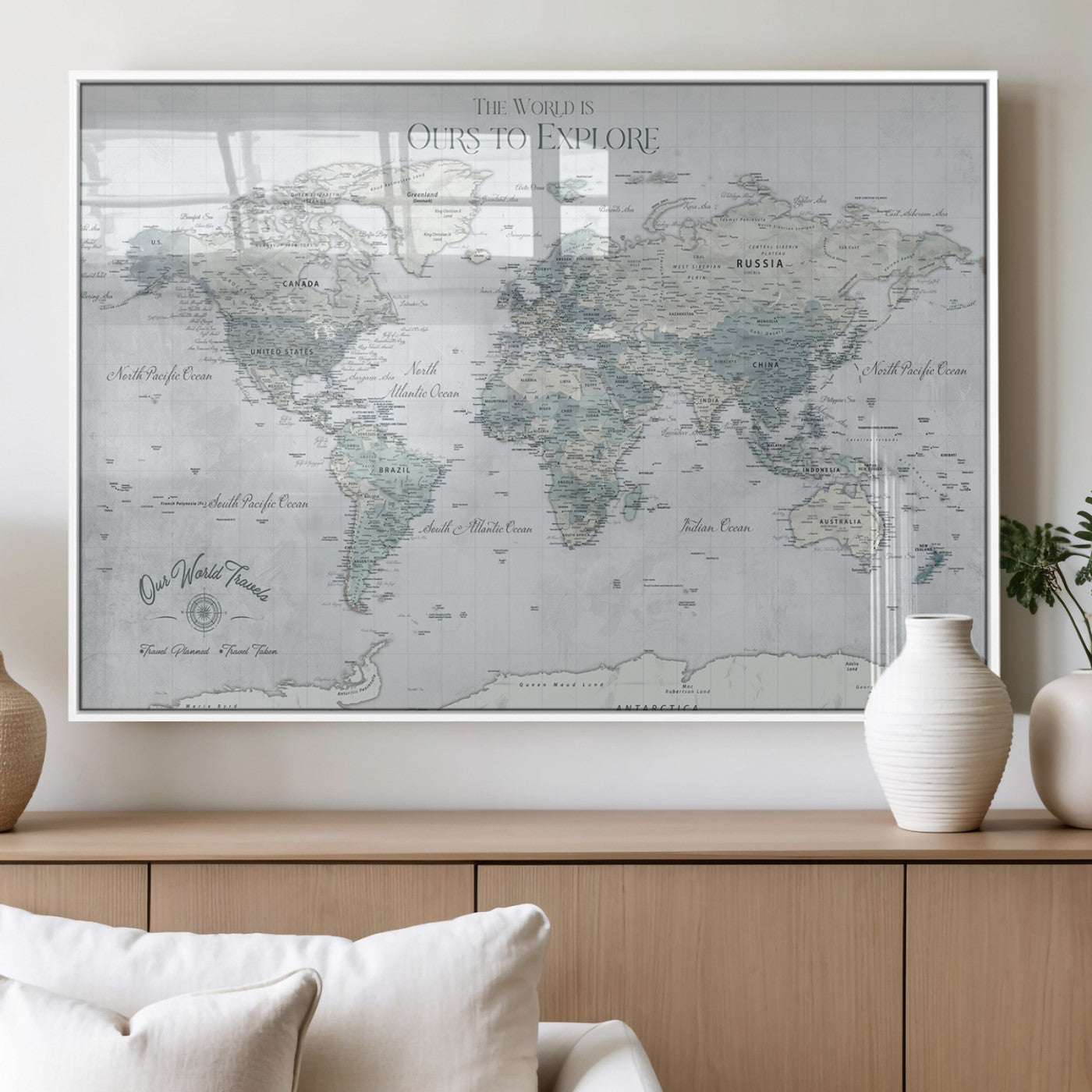 94249974-MGV-FP-36X24-3P_White-Ours Explore World Map Wall Art – Modern Travel Canvas Print, Neutral Adventure Decor for Living Room, Office, Study, Bedroom,
