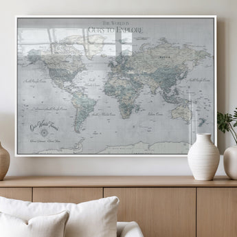 94249974-MGV-FP-36X24-3P_White-Ours Explore World Map Wall Art – Modern Travel Canvas Print, Neutral Adventure Decor for Living Room, Office, Study, Bedroom,