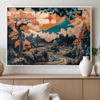 21638941-MGV-FP-36X24-3P_White-Japanese Landscape Wall Art – Mount Fuji and Flowing River Ukiyo-e Style Canvas Print, Traditional Japan Inspired Artwork for