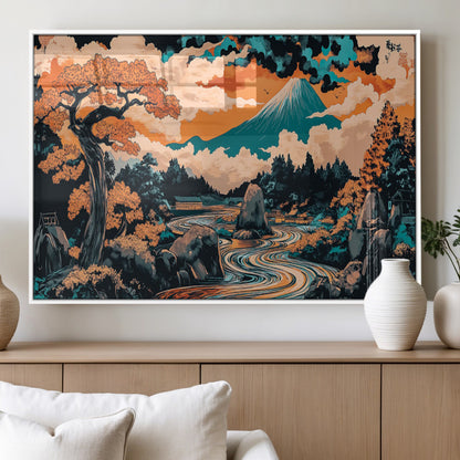 21638941-MGV-FP-36X24-3P_White-Japanese Landscape Wall Art – Mount Fuji and Flowing River Ukiyo-e Style Canvas Print, Traditional Japan Inspired Artwork for