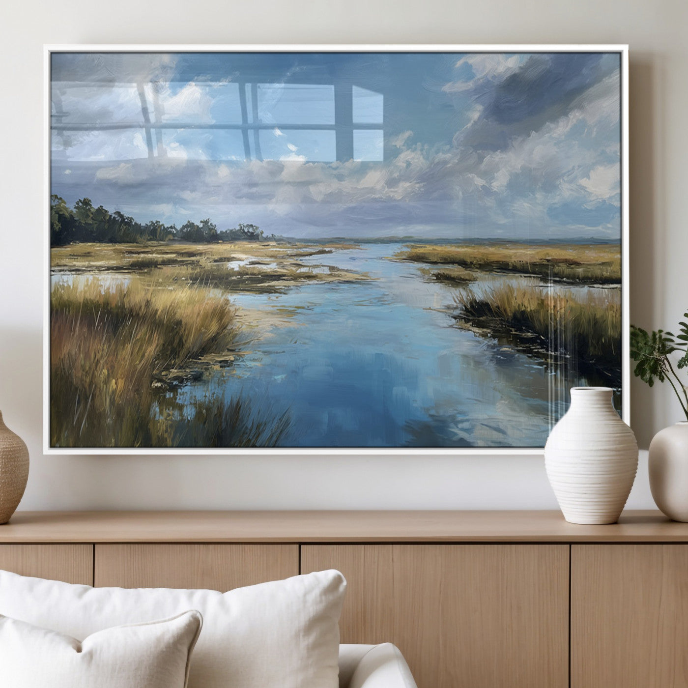 87082041-MGV-FP-36X24-3P_White-Marshland Landscape Wall Art – Serene Nature Canvas Print with Blue Sky and Reflections, Tranquil Scenic Painting for Living Room,