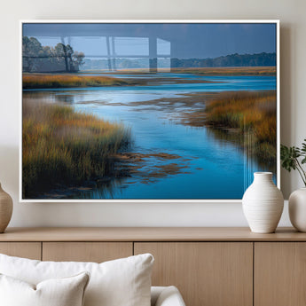 26300004-MGV-FP-60X30-3P_White-Tranquil Marshland Canvas Wall Art – Blue Water, Reflective Sky, Golden Grasses, Calm Nature Landscape, Scenic Outdoor Beauty for