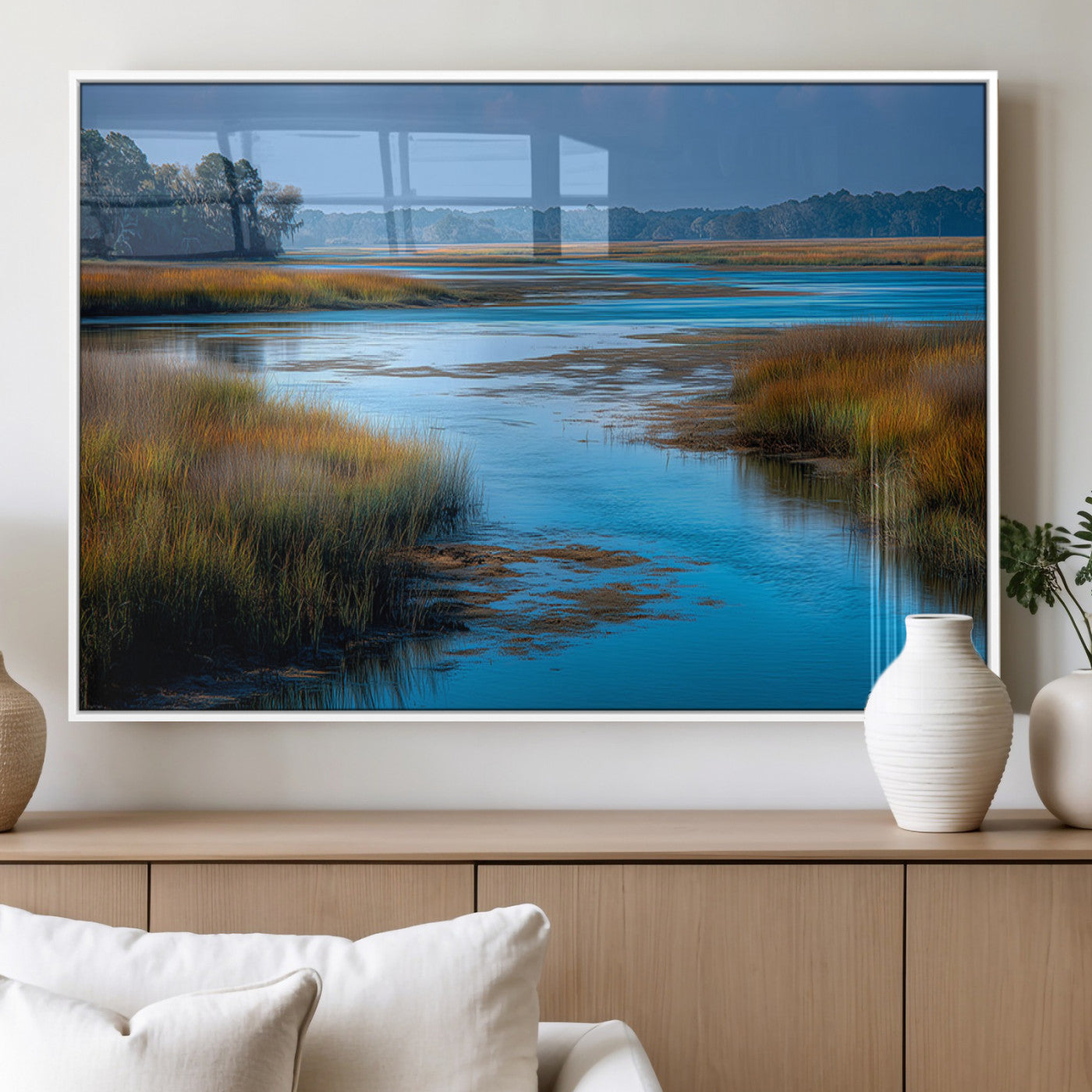 26300004-MGV-FP-36X24-3P_White-Marshland Landscape Wall Art – Scenic Nature Canvas Print with Golden Grass and Blue Water, Peaceful River Photography for Living