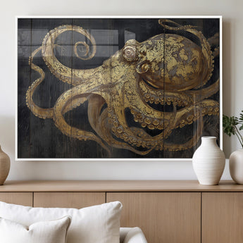 47056538-MGV-FP-36X24-3P_White-Octopus Wall Art – Gold Nautical Canvas Print with Rustic Wood Texture, Marine Creature Artwork for Coastal Ocean Decoration in