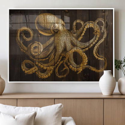 56769669-MGV-FP-36X24-3P_White-Octopus Wall Art – Gold Nautical Canvas Print with Rustic Wood Panel Design, Detailed Marine Artwork for Coastal Ocean Decoration