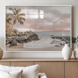 18005328-MGV-FP-60X30-3P_White-Tropical Beach Canvas Wall Art – Palm Tree, Rocky Shoreline, Ocean Waves, Sunset Clouds, Calm Sea, Island Nature Relaxation for