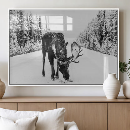 38956835-MGV-FP-36X24-3P_White-Moose Wall Art – Black and White Wildlife Canvas Print with Snowy Forest Road, Rustic Nature Photography for Cabin, Lodge, Living