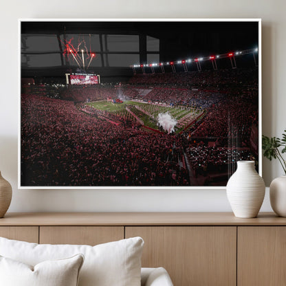 60690191-MGV-FP-36X24-3P_White-Stadium Wall Art – Night Game Football Canvas Print with Fireworks, Marching Band and Crowd, Panoramic Sports Photography for Man