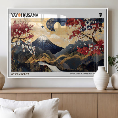 28945903-MGV-FP-60X30-3P_White-Yayoi Kusama Inspired Japanese Art Canvas Print – Framed Floral & Mt. Fuji Wall Decor, Modern Asian Style Canvas for Home, Office,