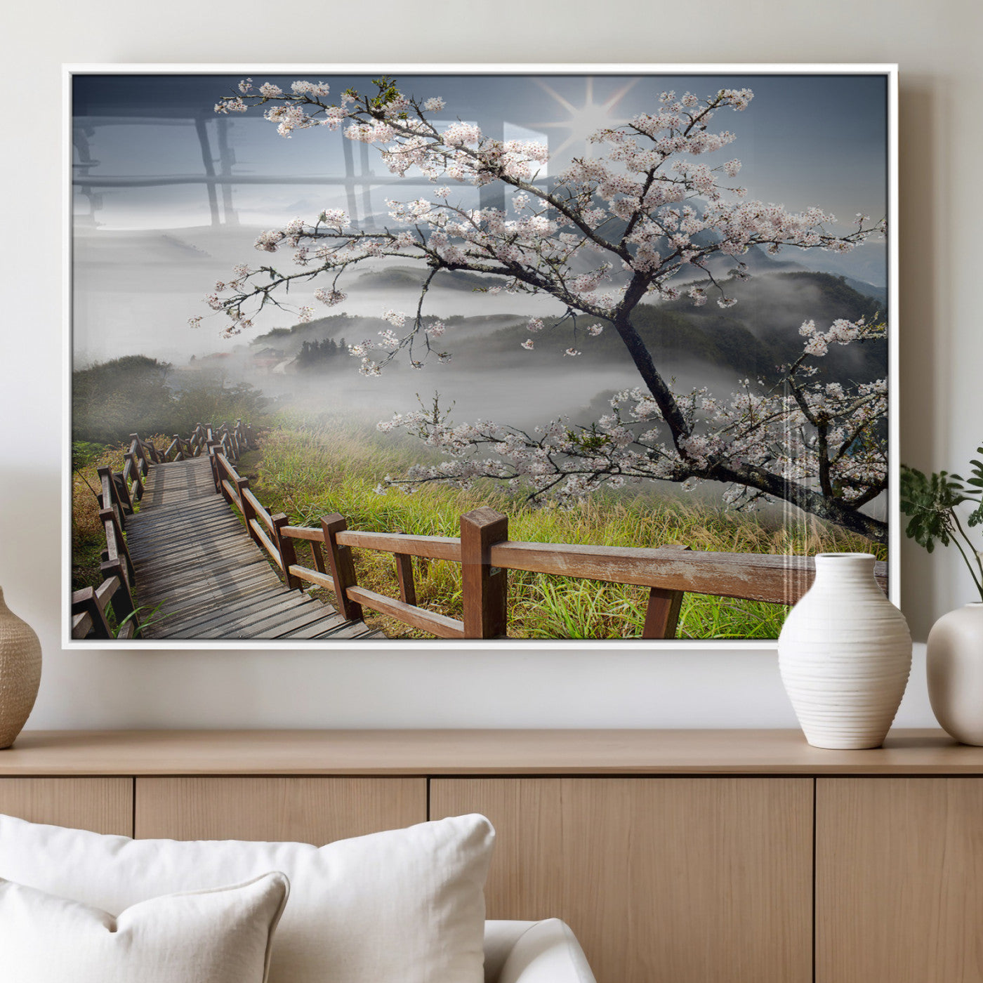 34632598CRY-MGV-FP-36X24-3P_White-Cherry Blossom Wall Art – Scenic Asian Landscape Canvas Print with Wooden Walkway, Misty Mountains and Sunrise, Serene Nature