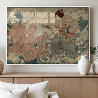 54879547-MGV-FP-36X24-3P_White-Samurai Woman Wall Art – Japanese Ukiyo-e Style Canvas Print with Katana and Octopus, Traditional Asian Inspired Battle Artwork