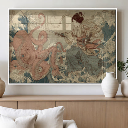 54879547-MGV-FP-36X24-3P_White-Samurai Woman Wall Art – Japanese Ukiyo-e Style Canvas Print with Katana and Octopus, Traditional Asian Inspired Battle Artwork
