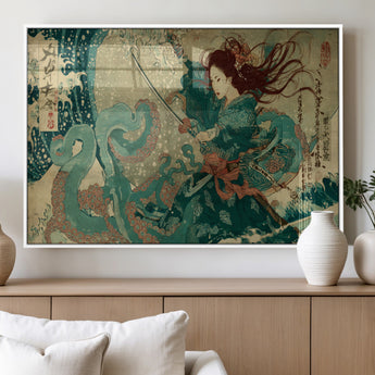 86918027-MGV-FP-60X30-3P_White-Tsukioka Yoshitoshi Samurai Wall Art Print, Japanese Katana Warrior Canvas Wall Art, Octopus Sea Monster Canvas Print,
