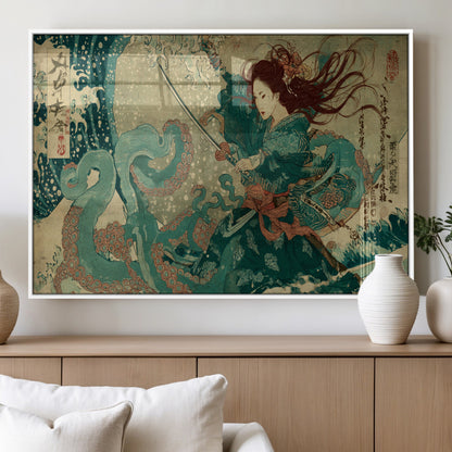 86918027-MGV-FP-36X24-3P_White-Samurai Warrior vs Octopus Wall Art – Japanese Ukiyo-e Ocean Battle Canvas Print, Traditional Samurai Artwork for Living Room,