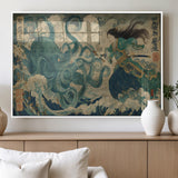60346622-MGV-FP-60X30-3P_White-Tsukioka Yoshitoshi Samurai Wall Art Print, Japanese Katana Warrior Canvas Wall Art, Octopus Sea Monster Canvas Print,
