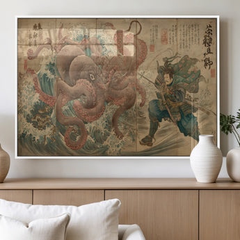 63782167-MGV-FP-60X30-3P_White-Tsukioka Yoshitoshi Samurai Wall Art Print, Japanese Katana Warrior Canvas Wall Art, Octopus Sea Monster Canvas Print,