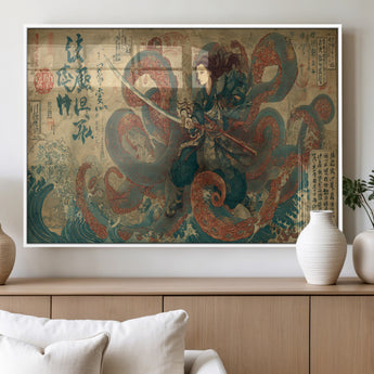 98593115-MGV-FP-60X30-3P_White-Tsukioka Yoshitoshi Samurai Wall Art Print, Japanese Katana Warrior Canvas Wall Art, Octopus Sea Monster Canvas Print,