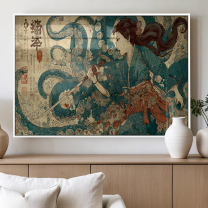 18575670-MGV-FP-36X24-3P_White-Samurai Woman vs Octopus Wall Art – Japanese Ukiyo-e Ocean Battle Canvas Print, Traditional Warrior Artwork for Living Room,