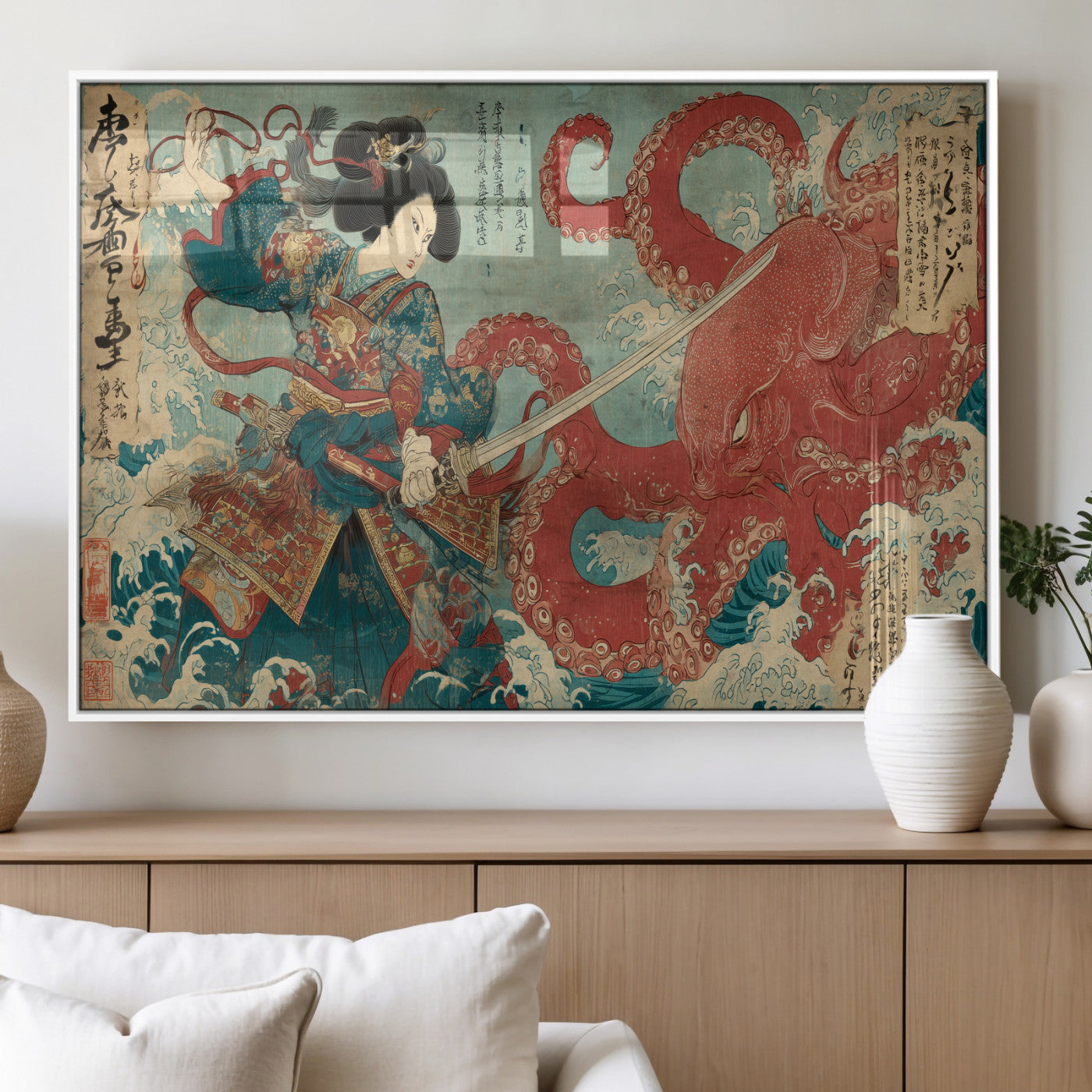 68844327-MGV-FP-60X30-3P_White-Tsukioka Yoshitoshi Samurai Wall Art Print, Japanese Katana Warrior Canvas Wall Art, Octopus Sea Monster Canvas Print,