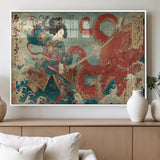 68844327-MGV-FP-60X30-3P_White-Tsukioka Yoshitoshi Samurai Wall Art Print, Japanese Katana Warrior Canvas Wall Art, Octopus Sea Monster Canvas Print,