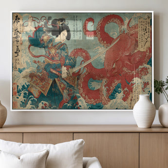 68844327-MGV-FP-60X30-3P_White-Tsukioka Yoshitoshi Samurai Wall Art Print, Japanese Katana Warrior Canvas Wall Art, Octopus Sea Monster Canvas Print,