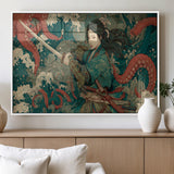 35461724-MGV-FP-36X24-3P_White-Samurai Woman vs Octopus Wall Art – Japanese Ukiyo-e Ocean Waves Canvas Print, Red Tentacle Battle Artwork for Living Room,