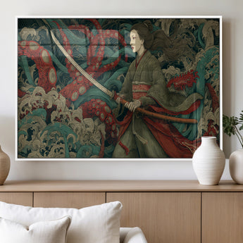 18902796-MGV-FP-36X24-3P_White-Samurai Woman vs Octopus Wall Art – Japanese Ukiyo-e Green Kimono Canvas Print, Ocean Battle Scene Artwork for Living Room,