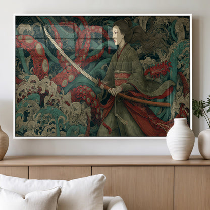 18902796-MGV-FP-36X24-3P_White-Samurai Woman vs Octopus Wall Art – Japanese Ukiyo-e Green Kimono Canvas Print, Ocean Battle Scene Artwork for Living Room,