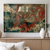 60201267-MGV-FP-36X24-3P_White-Samurai Woman vs Octopus Wall Art – Japanese Ukiyo-e Armor Canvas Print, Red Tentacle Ocean Battle Artwork for Living Room,
