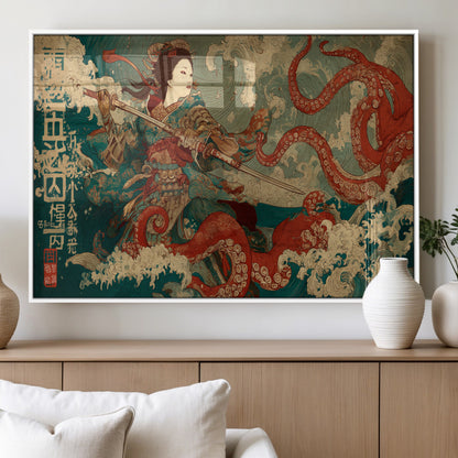 60201267-MGV-FP-36X24-3P_White-Samurai Woman vs Octopus Wall Art – Japanese Ukiyo-e Armor Canvas Print, Red Tentacle Ocean Battle Artwork for Living Room,