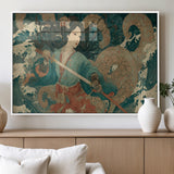 79740258-MGV-FP-36X24-3P_White-Samurai Woman vs Octopus Wall Art – Japanese Ukiyo-e Blue Kimono Canvas Print, Ocean Battle Artwork for Living Room, Office, Man