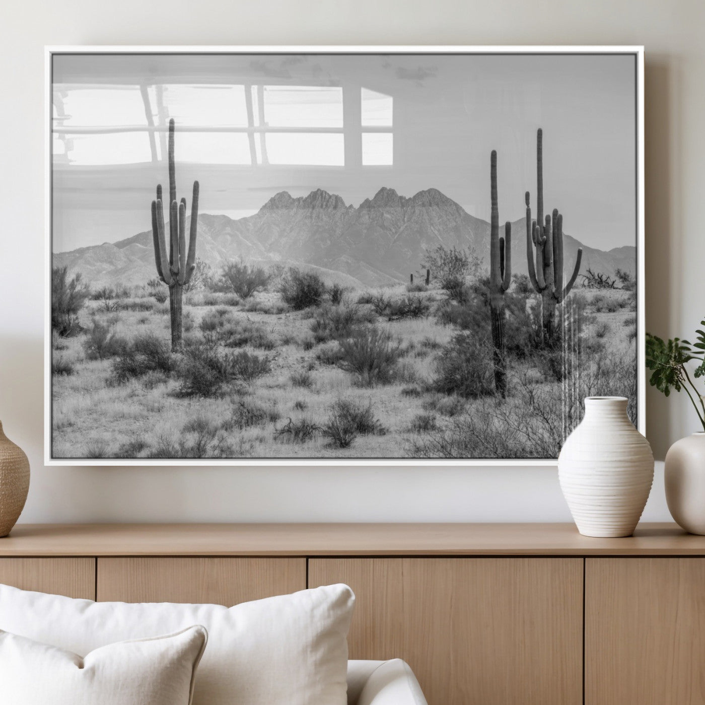 97436PHN-MGV-FP-36X24-3P_White-Desert Landscape Wall Art – Black and White Cactus and Mountain Canvas Print, Southwestern Nature Photography for Living Room,