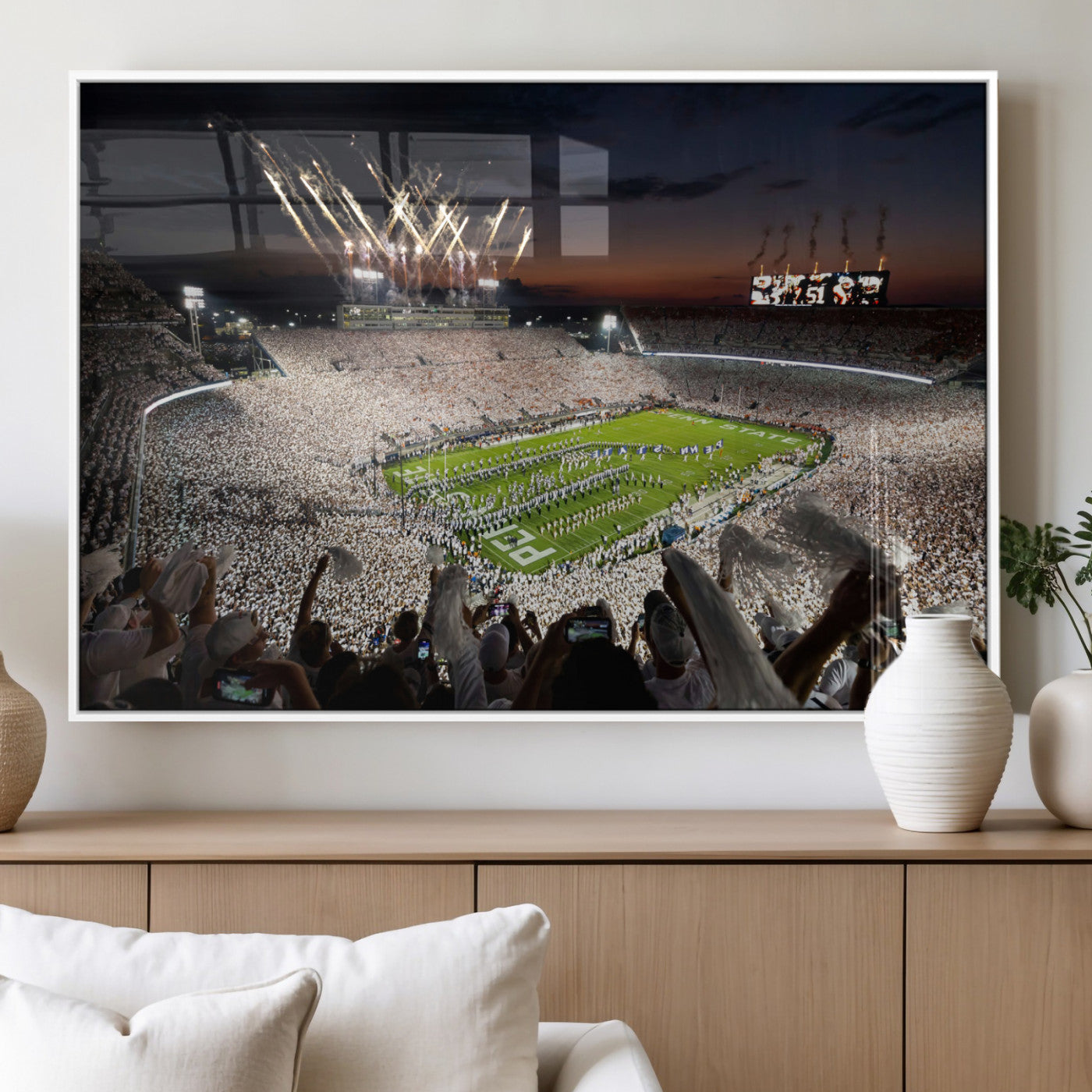 Penn-MGV-FP-36X24-3P_White-Football Stadium Wall Art – Panoramic Night Game Canvas Print, Packed Crowd with Fireworks, Sports Decor for Office, Man Cave, Bar