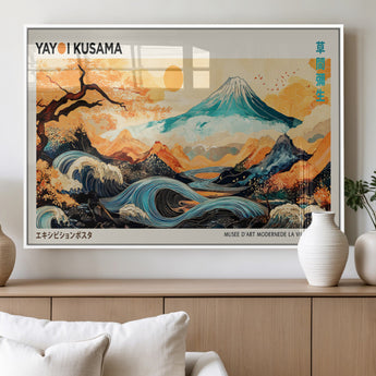 94085549-MGV-FP-60X30-3P_White-Yayoi Kusama Inspired Japanese Landscape Art Print – Vibrant Mount Fuji, Waves & Autumn Trees, Modern Decorative Poster for