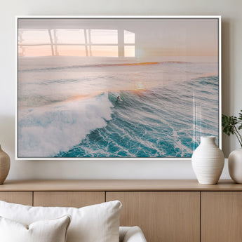 34064591-MGV-FP-36X24-3P_White-Surfing Wall Art – Sunset Ocean Wave Canvas Print, Surfer Riding Sea Photography Decor for Bedroom, Living Room, Office, Coastal