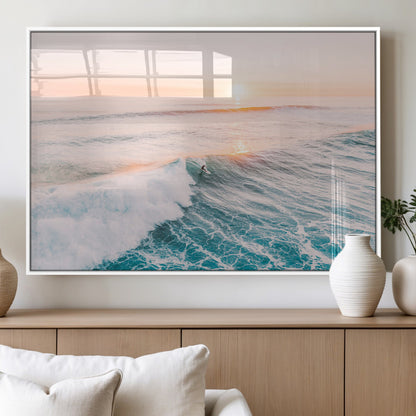 34064591-MGV-FP-36X24-3P_White-Surfing Wall Art – Sunset Ocean Wave Canvas Print, Surfer Riding Sea Photography Decor for Bedroom, Living Room, Office, Coastal