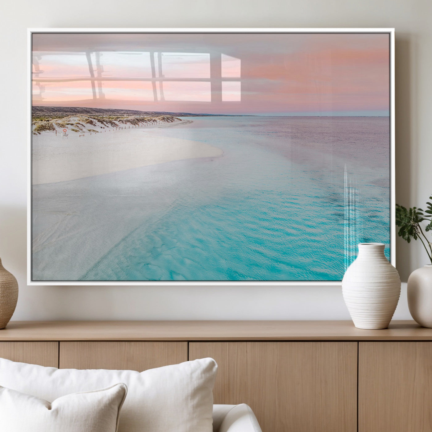 41613614-MGV-FP-36X24-3P_White-Beach Sunset Wall Art – Pastel Ocean Canvas Print, Turquoise Water and Pink Sky Photography Decor for Bedroom, Living Room, Office