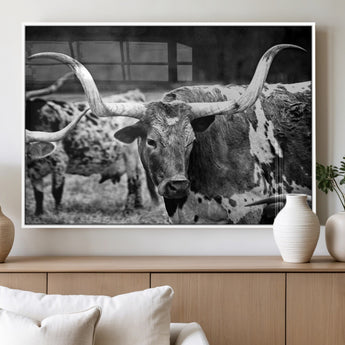 15425553-MGV-FP-36X24-3P_White-Western Wall Art – Longhorn Cattle Black and White Canvas Print, Rustic Ranch Photography Decor for Bedroom, Living Room, Office,