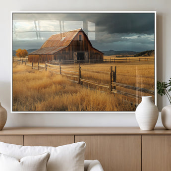 16480179-MGV-FP-36X24-3P_White-Farmhouse Wall Art – Rustic Barn and Golden Field Canvas Print, Country Landscape Photography Decor for Bedroom, Living Room,