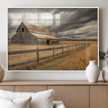 21991117-MGV-FP-36X24-3P_White-Rustic Barn Wall Art – Weathered Farmhouse Canvas Print, Stormy Sky and Golden Field Photography Decor for Bedroom, Living Room,