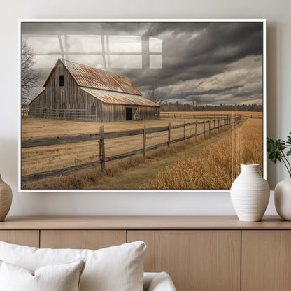 21991117-MGV-FP-36X24-3P_White-Rustic Barn Wall Art – Weathered Farmhouse Canvas Print, Stormy Sky and Golden Field Photography Decor for Bedroom, Living Room,