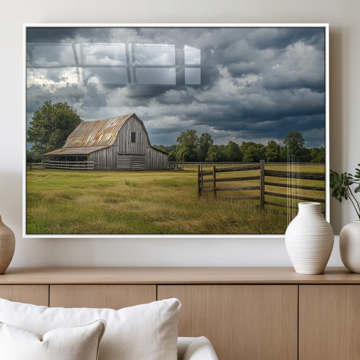 39409517-MGV-FP-36X24-3P_White-Rustic Barn Wall Art – Weathered Farmhouse and Storm Clouds Canvas Print, Country Landscape Photography Decor for Bedroom, Living