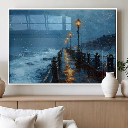 93793246-MGV-FP-36X24-3P_White-Stormy Night Pier Canvas Wall Art – Moody Ocean Landscape with Lights, Blue Coastal Seascape Print for Bedroom, Living Room,