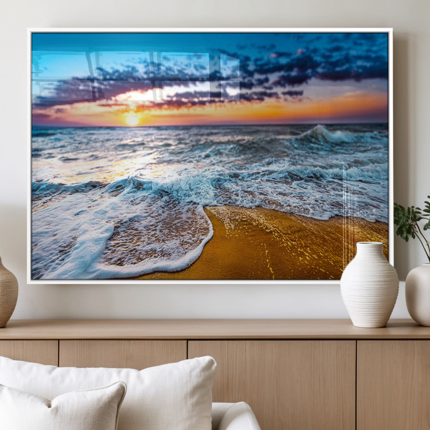 24077769-MGV-FP-36X24-3P_White-Sunset Beach Wall Art – Ocean Waves Canvas Print, Golden Shoreline Photography Coastal Decor for Living Room, Bedroom, Office,