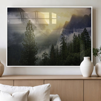 38316884-MGV-FP-36X24-3P_White-Landscape Wall Art – Misty Mountain Valley Canvas Print, Scenic Pine Forest and Sunrise Photography Decor for Bedroom, Living