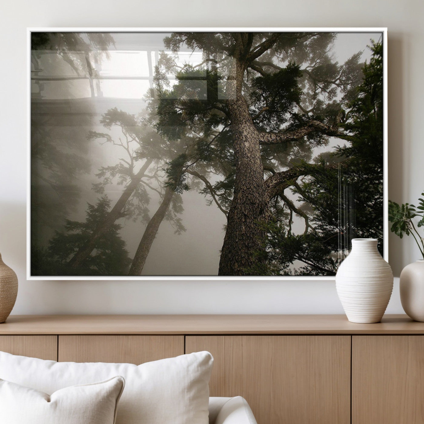 87969493-MGV-FP-36X24-3P_White-Forest Wall Art – Misty Tall Trees Canvas Print, Dramatic Woodland Photography Decor for Bedroom, Living Room, Office, Cabin,