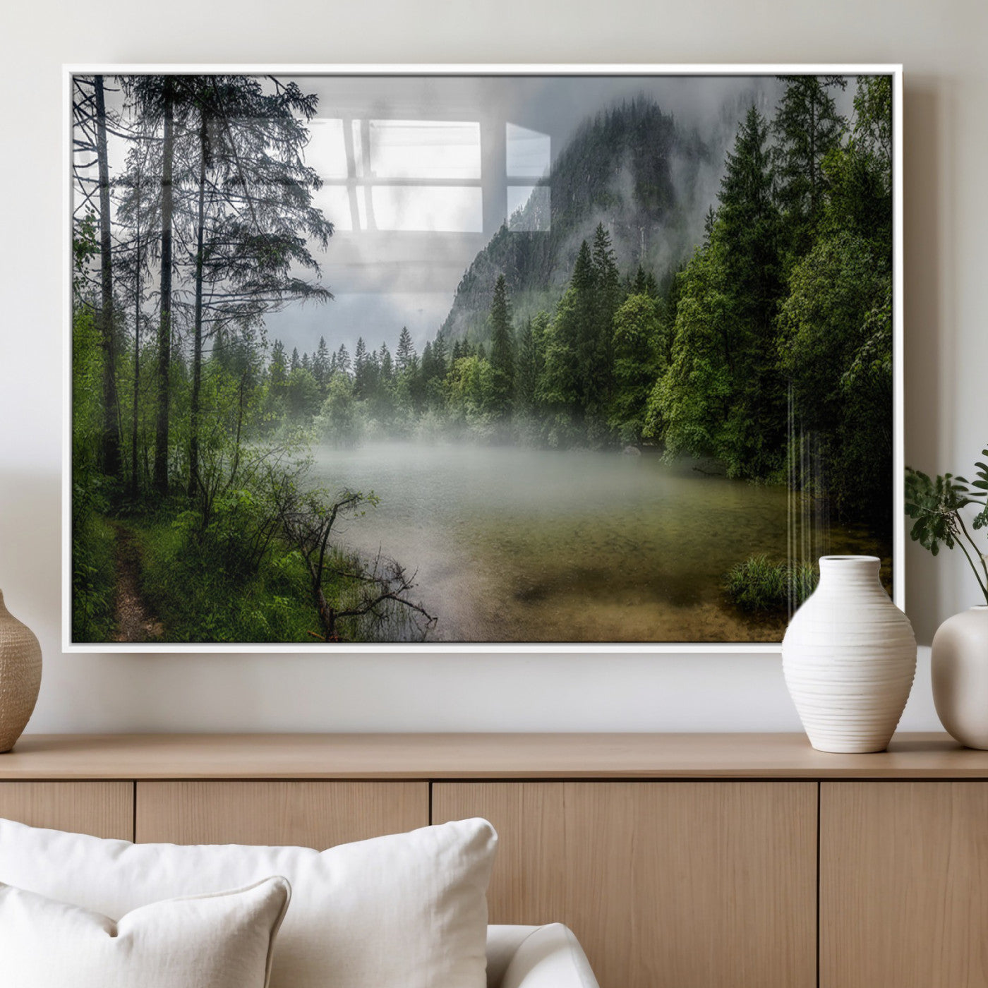 93123937-MGV-FP-36X24-3P_White-Landscape Wall Art – Misty Mountain Lake Canvas Print, Tranquil Forest and Waterfall Photography Decor for Bedroom, Living Room,