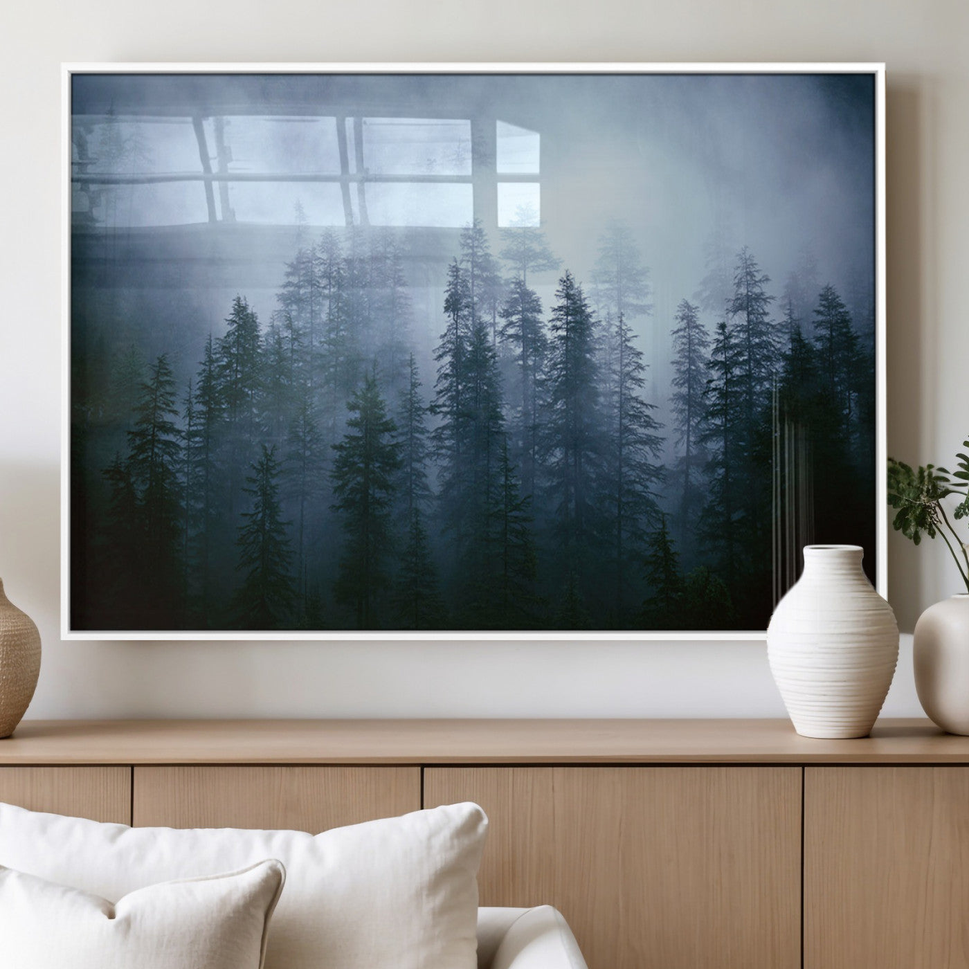 93439624-MGV-FP-36X24-3P_White-Forest Wall Art – Misty Pine Trees Canvas Print, Moody Nature Photography Decor for Bedroom, Living Room, Office, Cabin, Lodge or