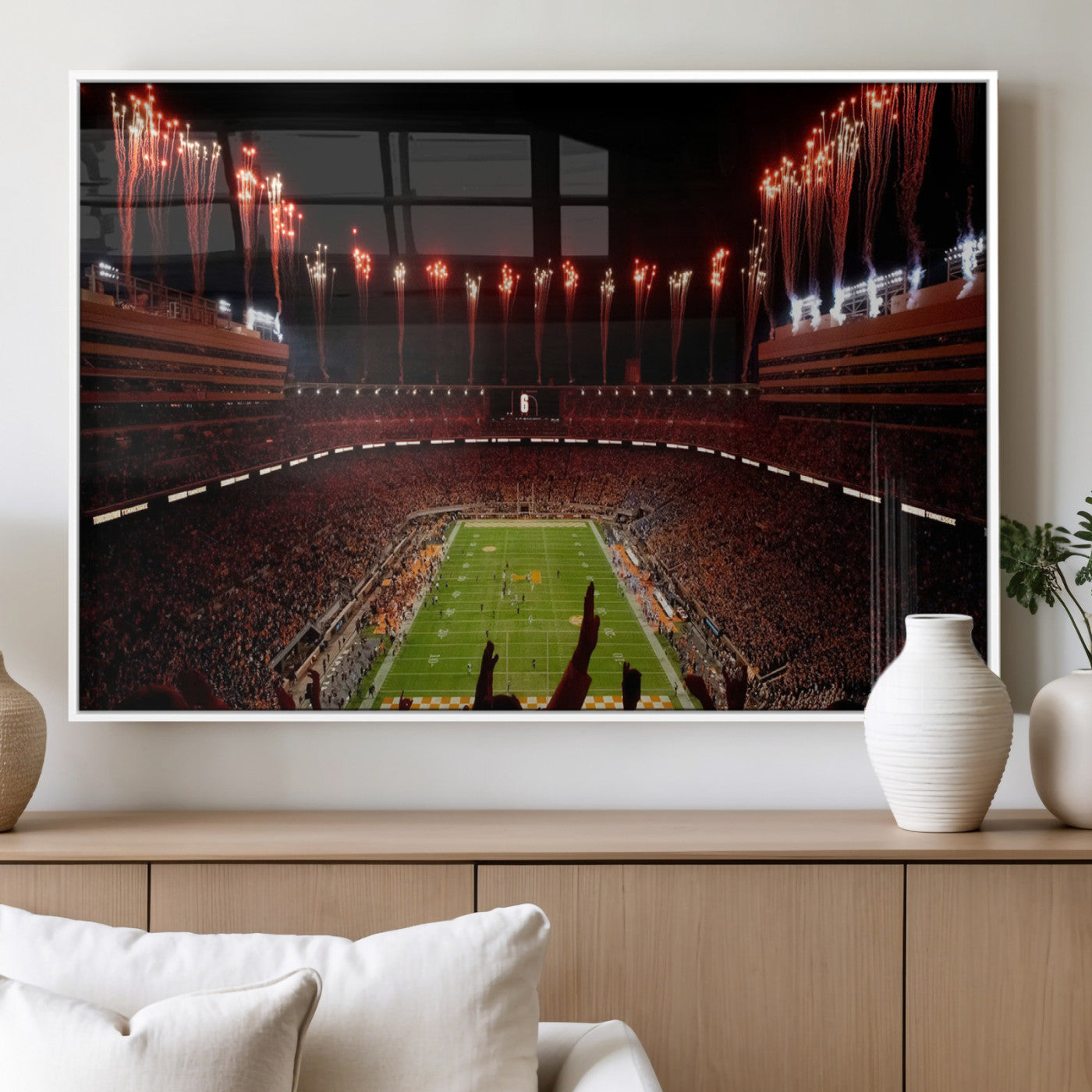 73358115-MGV-FP-36X24-3P_White-Tennessee Volunteers Wall Art – Neyland Stadium Fireworks Night Game Canvas Print, Vols Football Checkerboard Endzone Sports Decor
